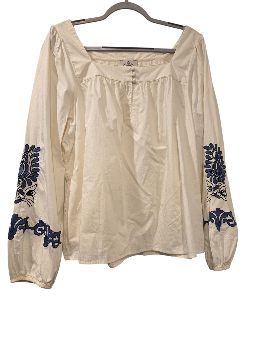 St. John's Bay Cream Peasant Top with Navy Embroidered Sleeves XL